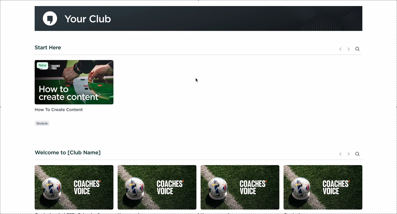 Your club section, branded with your crest and name. The demo club shown here is a placeholder.