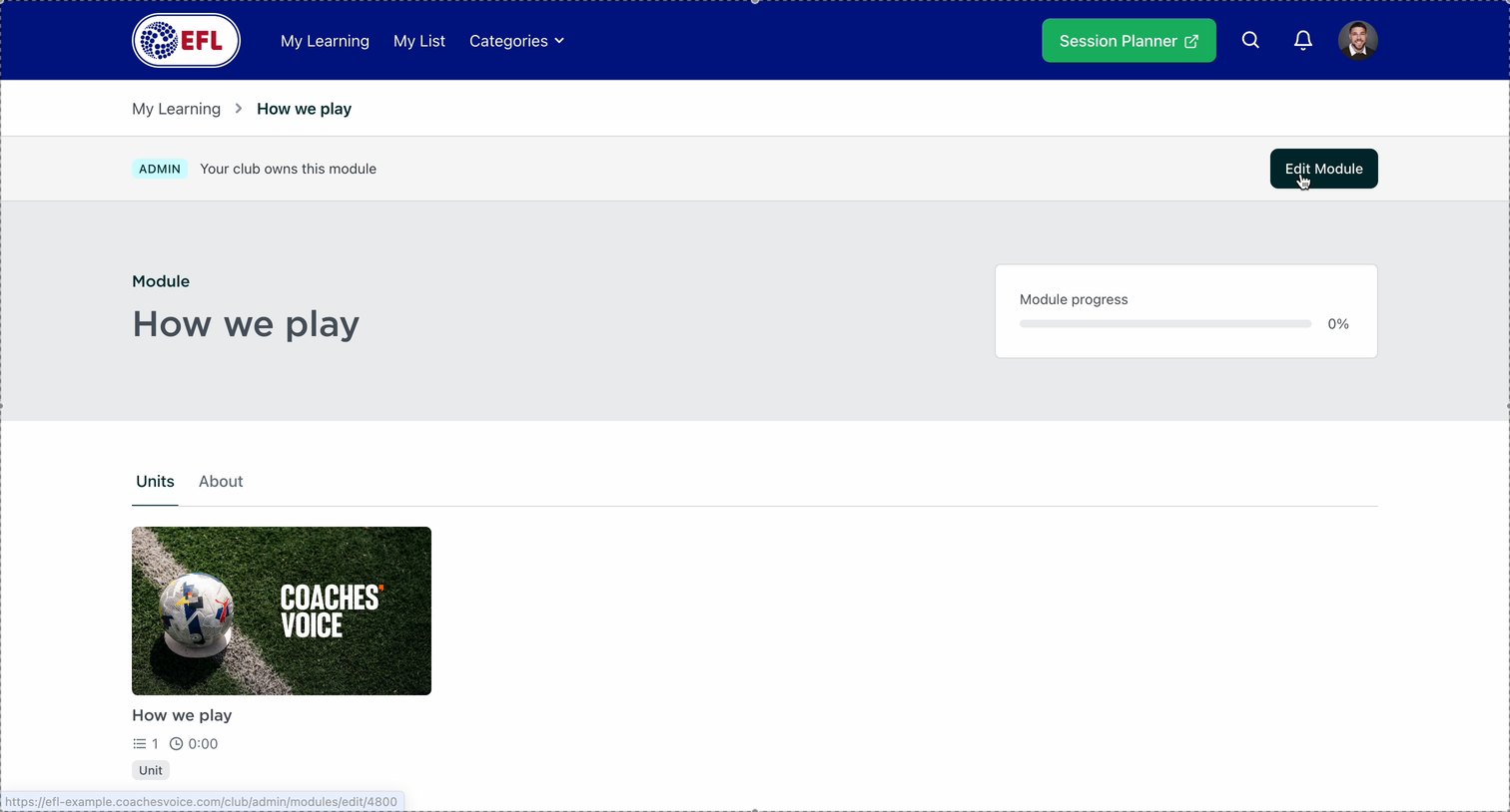 Edit Module, top right, next to the Admin tag.