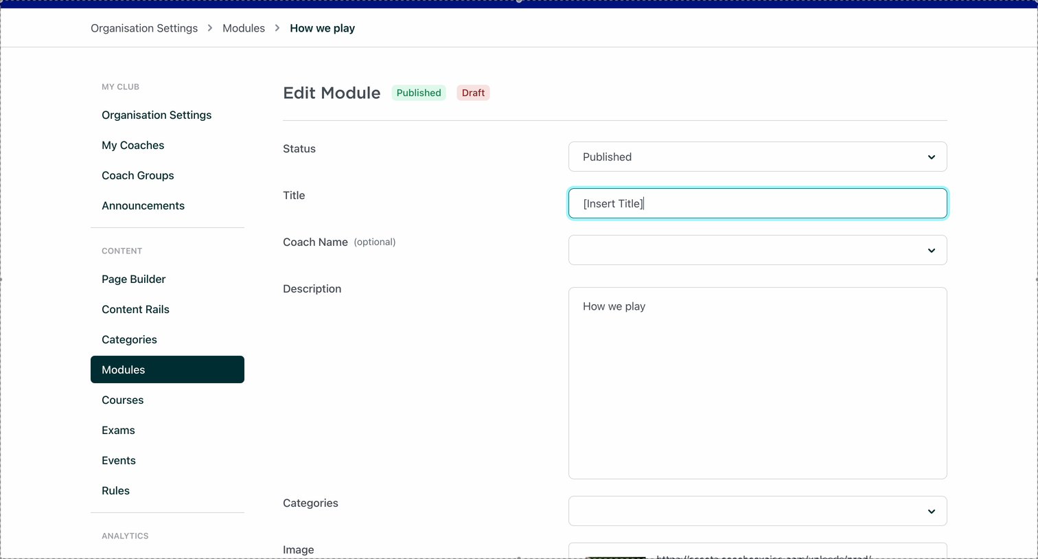 The Edit Module screen, with the title and description filled in.