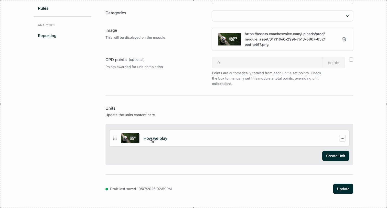 The Units section, with Create Unit below it and Update at the bottom of the page.