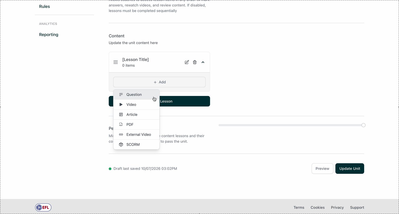 The + Add menu, with all six content types.